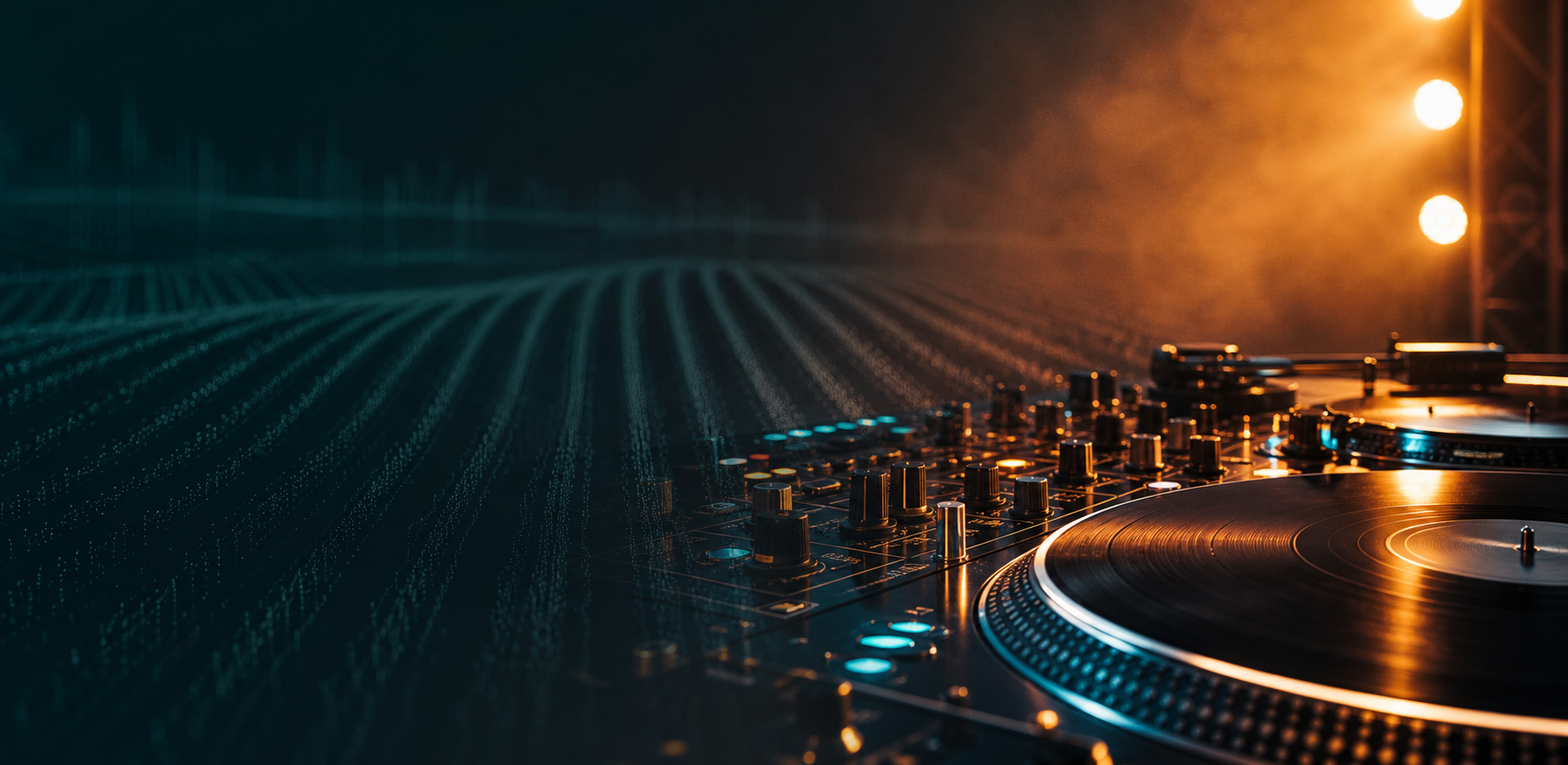 DJ mixer and turntable with warm lights